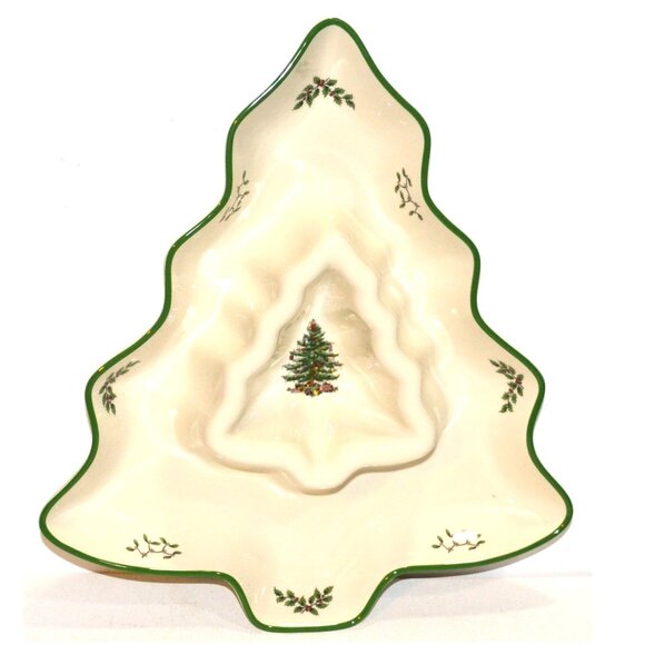 Spode Christmas Tree Chip And Dip Dish Shaped Like Christmas Tree Ceramic Boxed - Picture 2 of 4